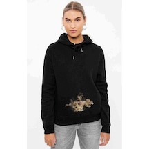 Thumb One Piece Baskılı Siyah Kadın Kapşonlu Sweashirt