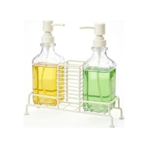 2'li Şık Kare Cam Sabunluk Seti 500 Ml X 2 Ferforje Metal Stand Mutfak Ve Banyo Düzenleyici 12 Izgara