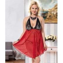 Ang Butik Kadın Büyük Beden Siyah Dantelli Boyundan Bağlamalı Kırmızı Tül Gecelik