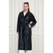 M M Marki Marki Kadın Hakiki Deri Trençkot Siyah, V Yaka, Kuşaklı, Düğme Kapamalı, Oversize, 120 Cm - 117222