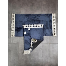 Elite Lacivert Ponpon Saçaklı Peluş 2'li Banyo Paspası, 60x100 Cm, Kaymaz Taban Diğer