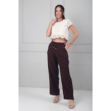 By Saygı Kadın Beli Lastikli Cepli Müslin Bol Paça Pantolon Kahve