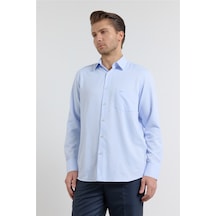 İmza Mavi Kendinden Desenli Sert Yaka Uzun Kol Cepli Comfort Fit Pamuklu Gömlek 1004255269