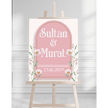 Söz Nişan Düğün İçin 50x70 Karşılama Panosu - Pembe Çiçek Tasarımlı 011 Beyaz