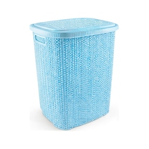 Kirli Çamaşır Sepeti Kapaklı 65 Lt Örgü Desenli Plastik Çamaşır Sepeti Banyo Sepeti - Mavi Çok Renkli