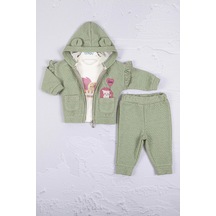 Babydonat Kirpi Nakışlı Pamuk 3'lü Kız Bebek Takım Yeşil