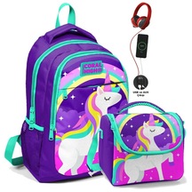 Coral High Okul Sırt Çantası Ve Beslenme Çantası Seti - Kız Çocuk Mor Unicorn - Usb Soketli