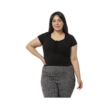 Disentis Büyük Beden Yarım Kollu Göğüste Bağcık Detaylı Kaşkorse Siyah Body-siyah Siyah