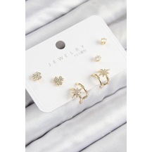 Pirinç Zirkon Taşlı Kutup Yıldızı Model Gold Renk 925 Ayar Gümüş Çivi Kadın Küpe Set - Tj-bkp11168 Altın