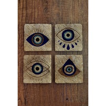 Doğal Taş Bardak Altlığı 4'lü Set - Nazar Boncuğu Desenli - Stone Coasters Çok Renkli