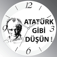 Atatürk Gibi Düşün Bombeli Gerçek Cam Sessiz Duvar Saati Beyaz - Siyah