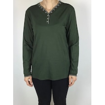 Anne Likralı Turlu Viskon Yaka Ve Kolağzı Ribanalı V Yaka Penye Bluz Haki