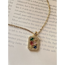 Renkli Taşlı Kare Çelik Kararmaz Gold Kolye Altın