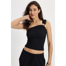 Tudors Kadın Slim Fit Dar Kesim Tek Omuz Tek Kol Doku Desenli Siyah Bluz-50555