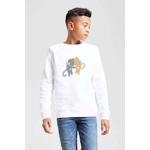 Tshirthane Best Friends Kediler Baskılı Unisex Çocuk Beyaz Sweatshirt Beyaz