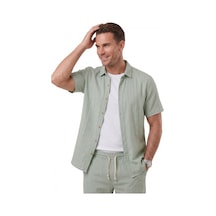 Deep Sea Deepsea Yeşil Slim Fit Çizgi Dokulu Keten Görünümlü Kısa Kol Erkek Spor Gömlek 2602648