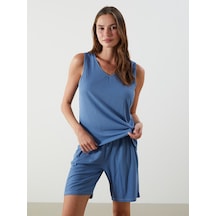 Lcw Dream Mavi V Yaka Dokulu Kadın Şortlu Pijama Takımı