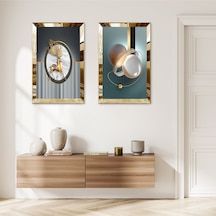 Gold Aynalı Pleksi Çerçeveli Renkli Arka Planlı Modern Geğik İkili Mdf Tablo Seti