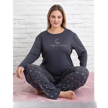 Pijamoni Kadın Milan Büyük Beden Bisiklet Yaka Uzun Kol İnce Pijama Takımı 7666/30 - 1 Adet Füme