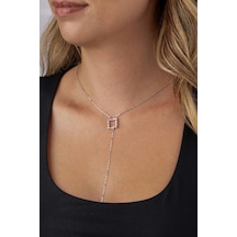 Gümüş Pazarım Baget Taşlı Kare Y Model Beyaz Altın Kaplama Kadın Çelik Kolye Altın