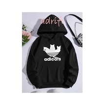 Tarzsokak Unisex Oversize Kapüşonlu Kanguru Cepli Adicats Baskılı Siyah