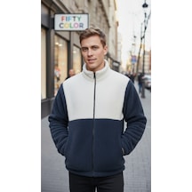 Premium Kalite Renk Bloklu, Fermuarlı, Dik Yaka, Sherpa, Polar, Peluş Ceket Lacivert - Beyaz