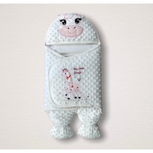 Yenidoğan Zürafa Nakışlı Şapkalı Kız Erkek Bebek Ayaklı Kundak Bebek Battaniyesi Pembe Pembe