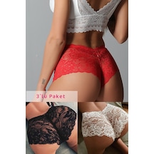 Angbutik Kadın Siyah Beyaz Kırmızı 3'lü Paket Dantel Tanga Şort Külot çok Renkli
