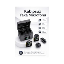 Kablosuz Tüylü Siyah Yaka Mikrofonu 1 Alıcı 2 Verici Şarj Kutulu Dijital Ekranlı 2.4g Gürültü Azaltmalı Type-c Lightning Uyumlu Mikrofon Seti Siyah Siyah