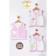 Babyden's Kız Bebek 3 Lü Yelek Seti Kalp Jakar Desenli Fil Baskılı Çıtçıtlı Yelek Yenidoğan Mevsimlik Yelek Ekru - Pembe