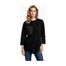 Scl Kadın Bisiklet Yaka Cepli Asimetrik Tasarım Uzun Kollu Sweatshirt Siyah