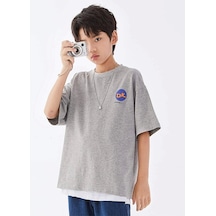 Flood Of Style Erkek Çocuk Gri Dk Baskılı Oversize Bisiklet Yaka Tshirt