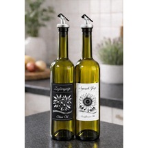 Tr Zeytinyağı Ve Ayçiçek Yağı Şişesi Seti, Beyaz Etiket Ve Yağdanlık Aparatlı, 750 Ml, 2 Adet, Yeşil Cam Şi Genel