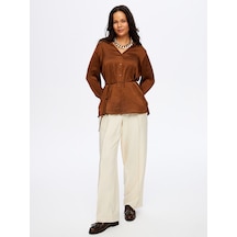 Faik Sönmez Beli Kuşaklı Kapüşonlu Krinkıl Saten Tunik W26tnk016 Uw26tnk01630 Kahve