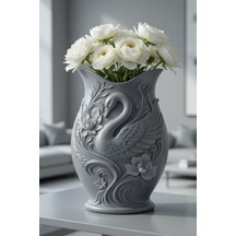 Kuğu Desenli Dekoratif Vazo 15 Cm 3d Baskılı Mat Dokulu Şık Masa Ve Raf Dekoru Gri
