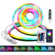 Mey İthalat Rgb Akıllı Led Neon Şerit Işık 3 Metre Uzaktan Kumandalı Ve Telefon Kontrollü Renkli Aydınlatma Çok Renkli