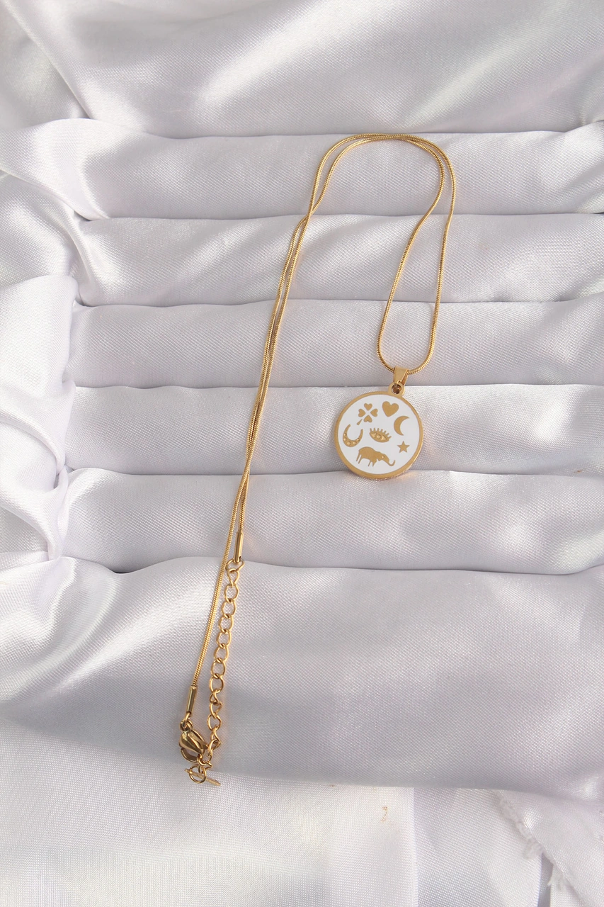 316l Çelik Gold Renk Beyaz Mineli Karışık Figürlü Tarot Kolye Renkli