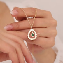 Vaoov 925 Ayar Gümüş Yeşil Damla Taşlı Dokulu Çerçeve Kolye Altın