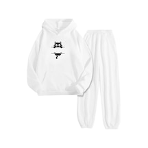 Beyaz Eşofman Takımı Çizgi Kedi Baskılı, Kapüşonlu Sweatshirt Ve Jogger Pantolon Beyaz