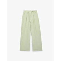 Koton Beli Bağlamalı Keten Ve Viskon Karışımlı Geniş Paça Pantolon Yeşil 6skg40093aw Koyu Haki