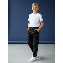 Zekids Çocuk Kargo Cepli Kontrast Dikişli Geniş Paça Pantolon-16618 Siyah