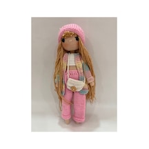 El Yapımı Amigurumi Örgü Bebek 28 Cm Renkli Hırkalı Uzun Saçlı Tığ İşi Oyuncak Bebek Hediyelik Pembe