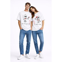 Sevgili Kombini Robot Baskılı Çift Tişört Oversize Unisex Partner Beyaz