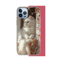 İphone 13 Pro Max Uyumlu Penceredeki Beyaz Kedi Uv Baskılı Silikon Kılıf Renkli
