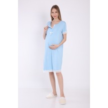 Luvmabelly Myra9591 Önden Çıt Çıtlı Dantelli Hamile Geceliği -mavi-mavi
