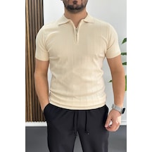 Erkek Slim Fit Fermuarlı Polo Yaka Tişört Krem Edw452 Krem