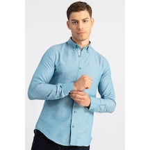 Tudors Slim Fit Dar Kesim Uzun Kol Poplin Oxford Erkek Gömlek-12615 Turkuaz
