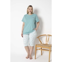 Mint Yeşili Mint Yeşili Çiçek Desenli Büyük Beden %100 Pamuklu Kısa Kol Kapri Pijama Takım Mint Yeşili