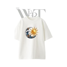 Thewert Sun Wave Tasarım Baskılı Ünisex Beyaz Oversize T-shirt