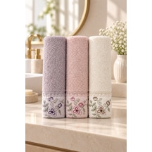 Bahar Dalı Çiçek Nakışlı El Yüz Havlusu 50x90 Cm 3 Lü Set %100 Pamuk - Lavender Cream Çok Renkli